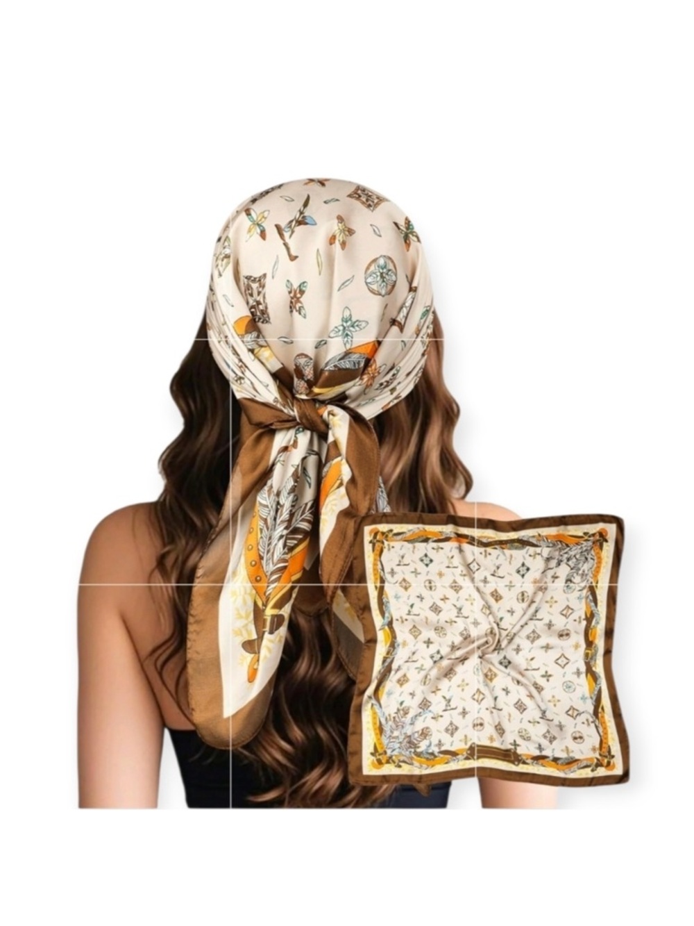 Women Scarf Bird Feathers Print Decorative Scarf Silky Satin Brown Black and Whi